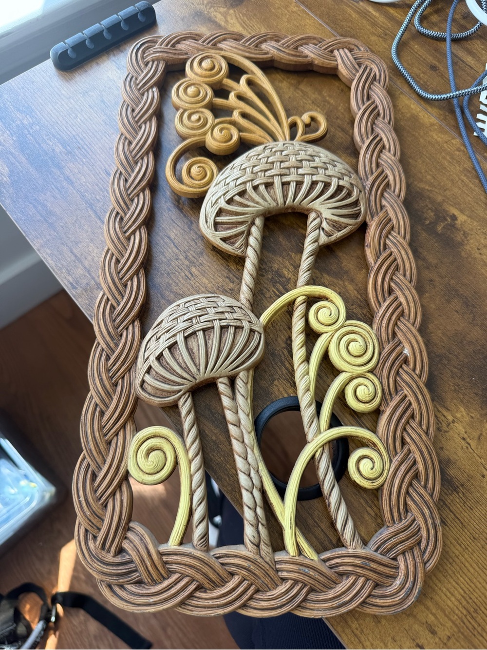 Vintage mushroom Burwood plastic wicker-like 1970s wall hanging
